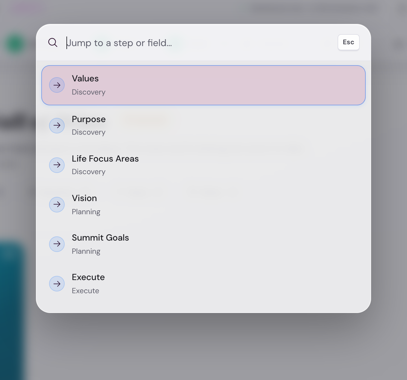 The command palette overlay with a search input and a list of jumpable steps