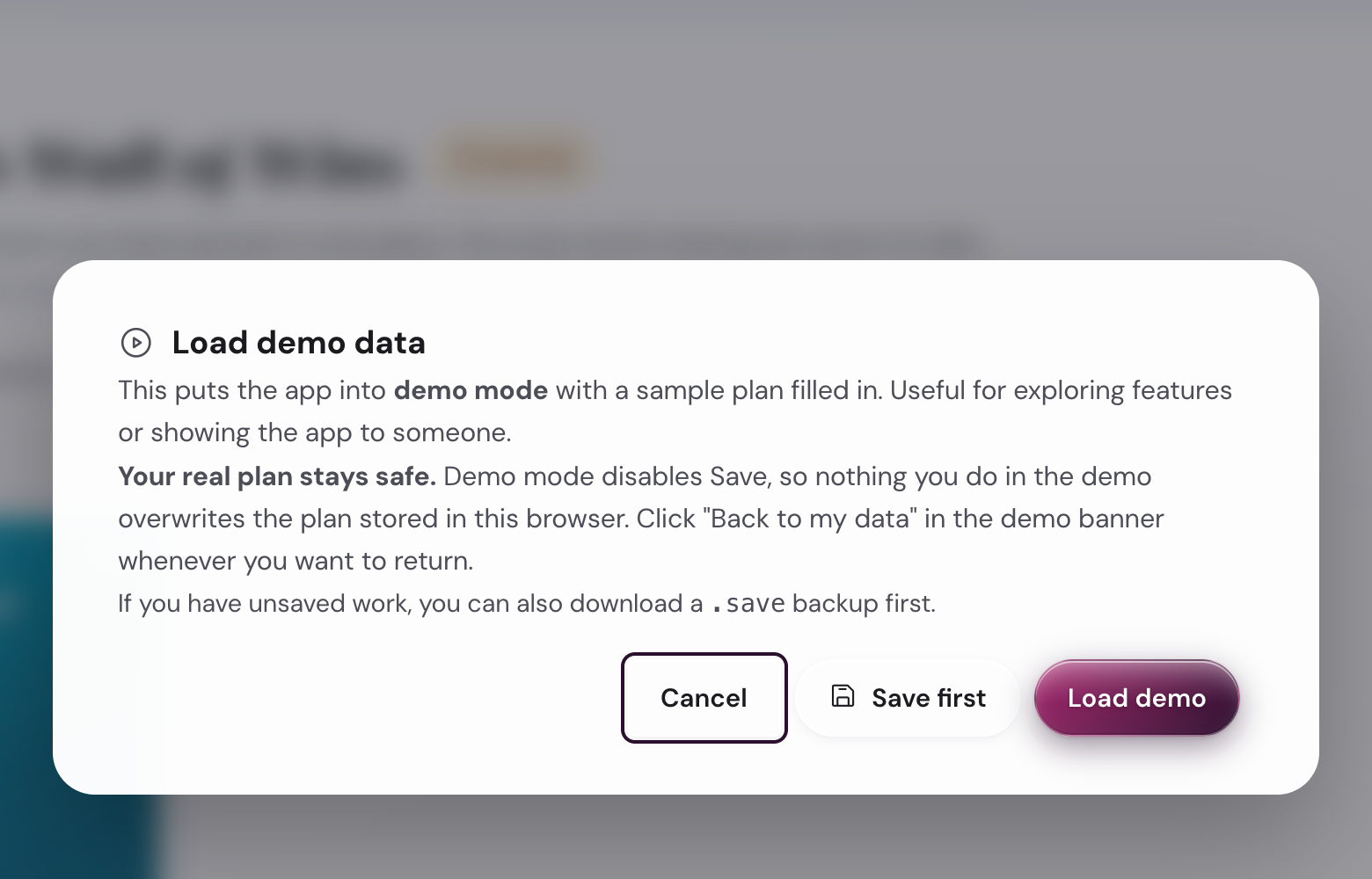 The Load demo data confirmation modal with Save first and Load demo buttons