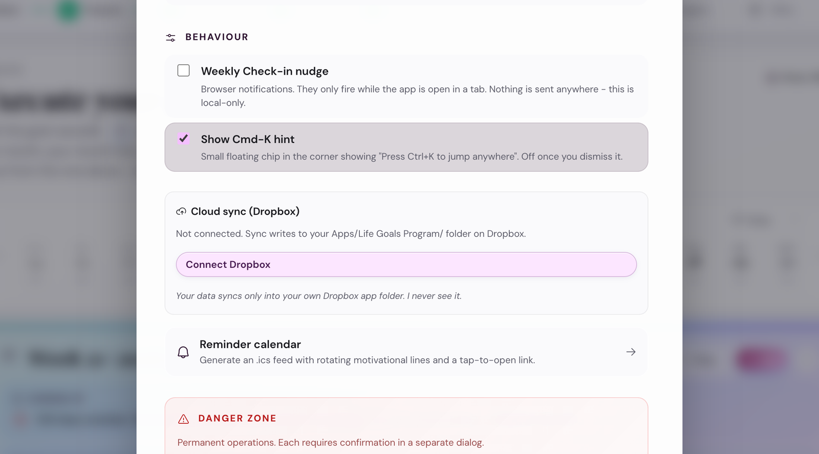 The Dropbox sync card in Settings showing the Connect Dropbox button