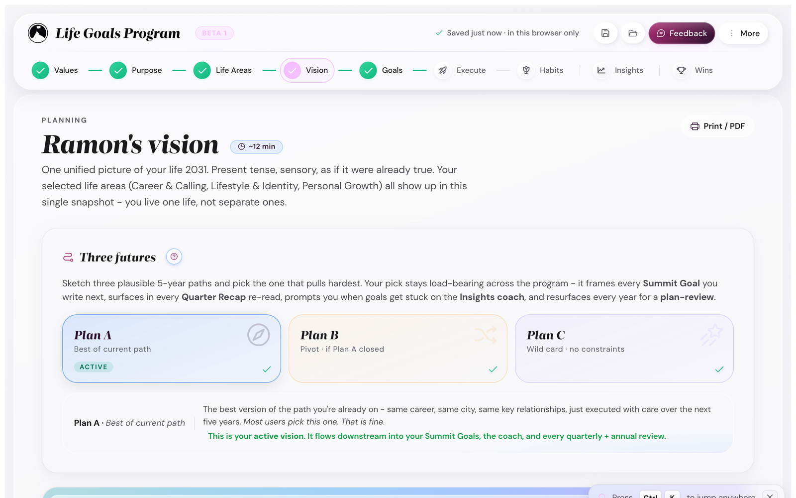 The Vision step with three alternate future tabs