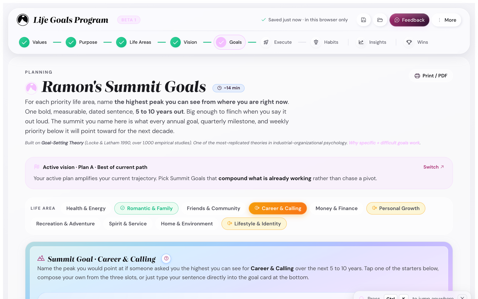 The Summit Goals step showing dated outcome goals