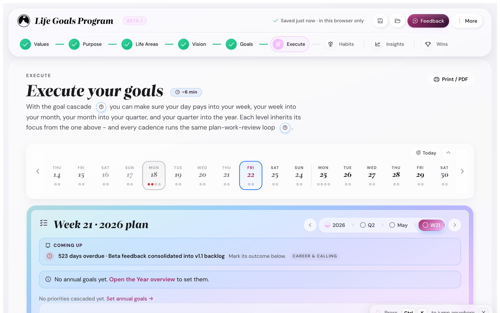 The Execute view of the Life Goals companion app showing a date strip and a week plan panel