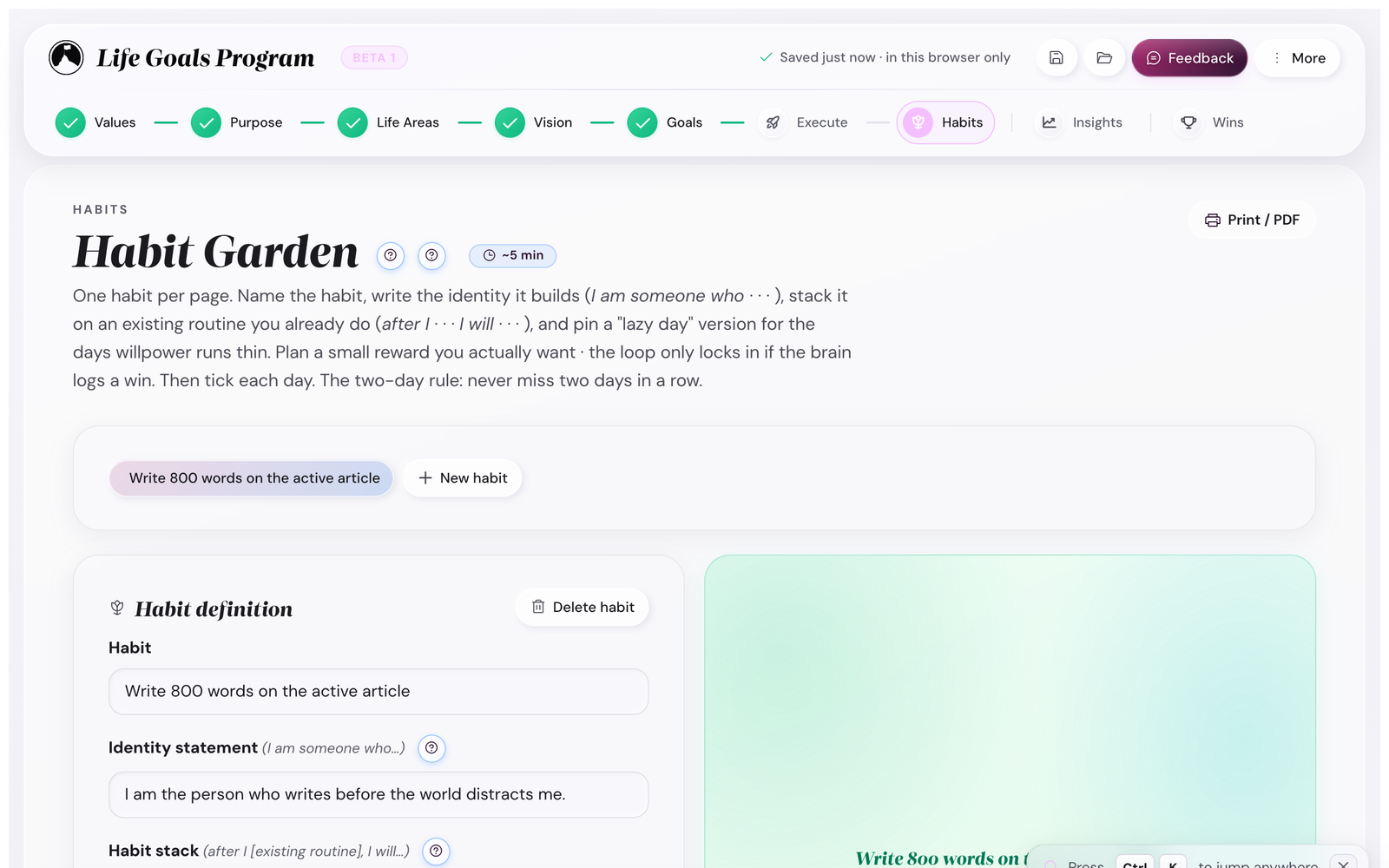 The Habit Garden with daily habit rows