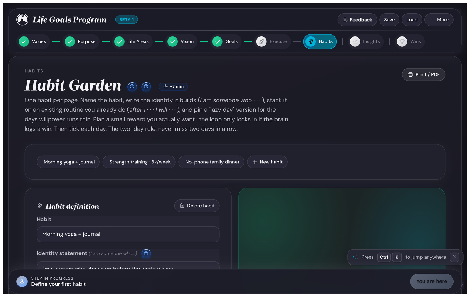Habit Garden in dark mode