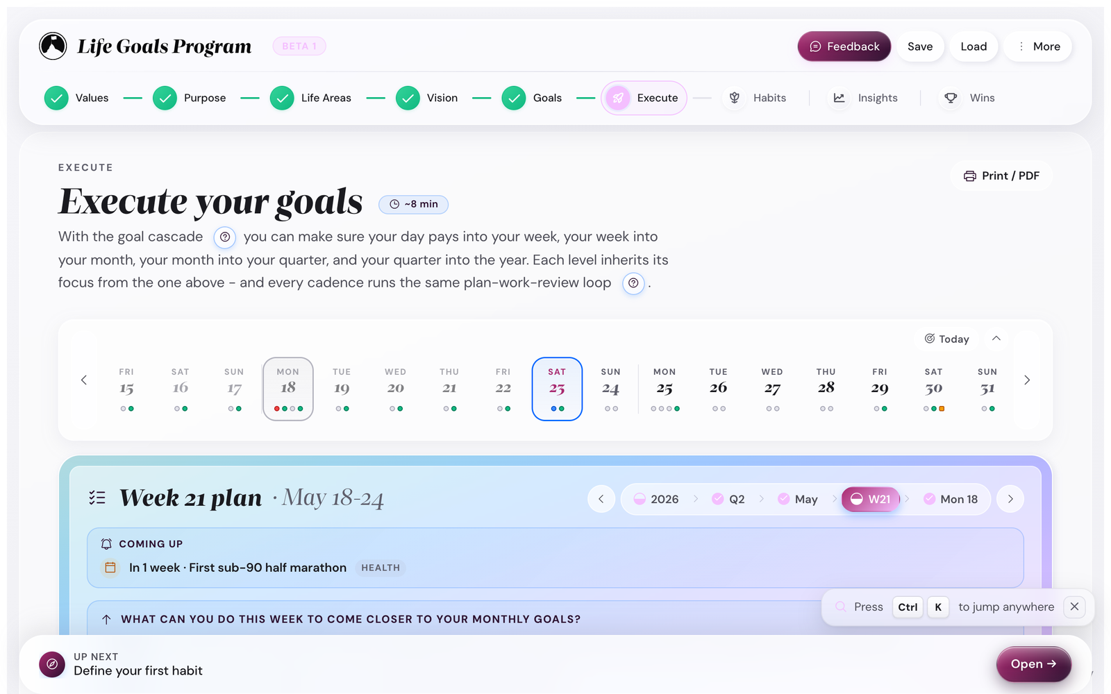 Execute Week view with weekly plan and milestones
