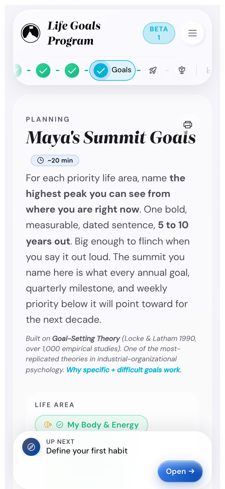 The Summit Goals step on a mobile viewport