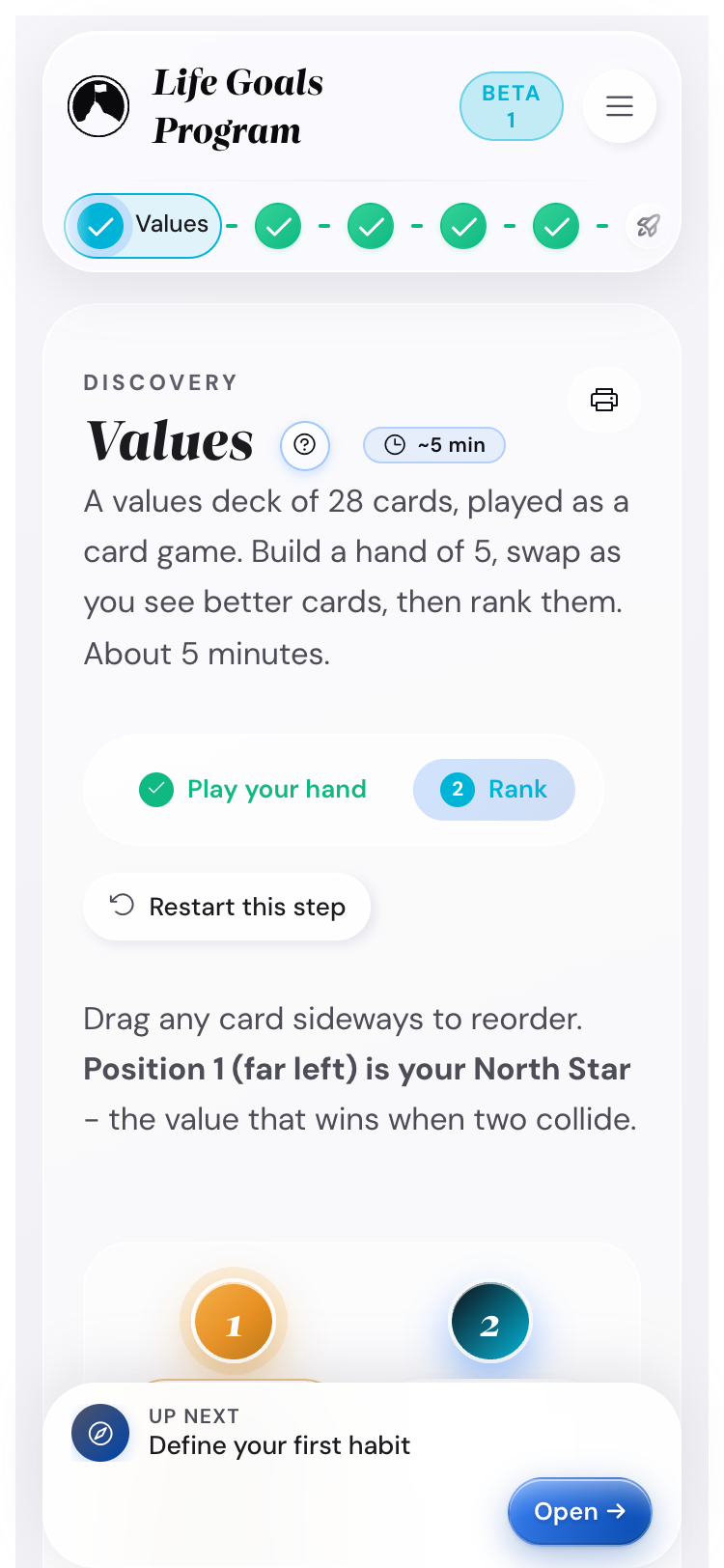 The Values step on a mobile viewport