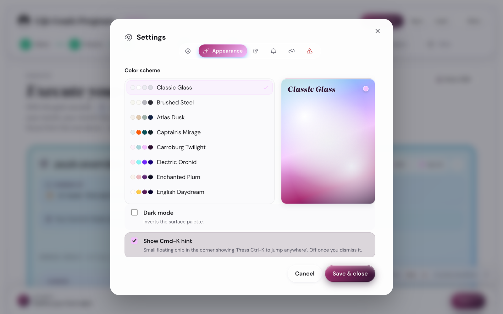 Settings Appearance tab with the 26-palette theme picker