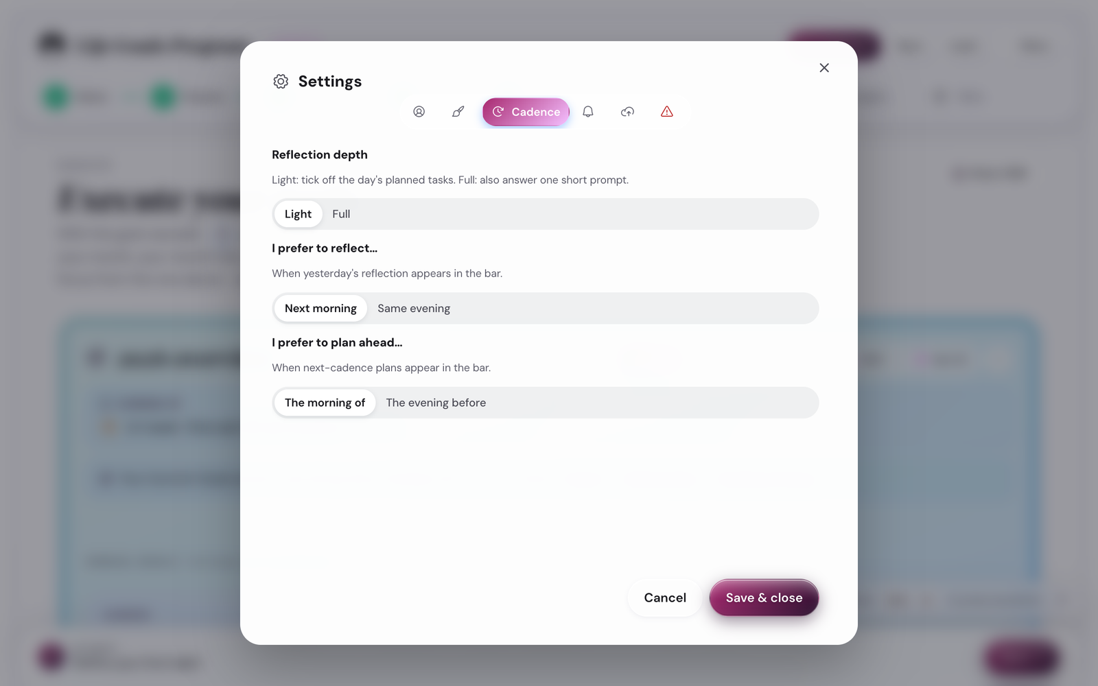 Settings Cadence tab with reflection mode and timing toggles