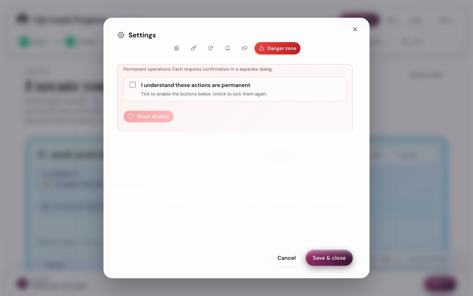 Settings Danger zone tab with reset and delete actions