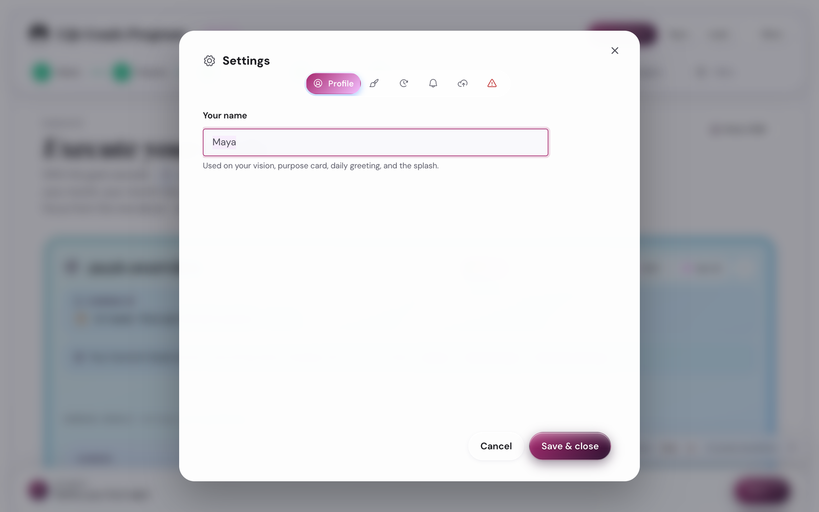 Settings Profile tab with name + display preferences