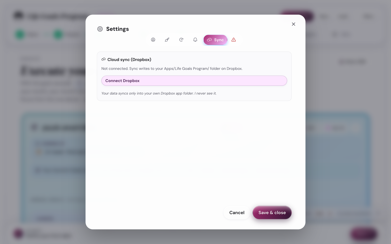 Settings Sync tab with the Dropbox Connect button and sync status