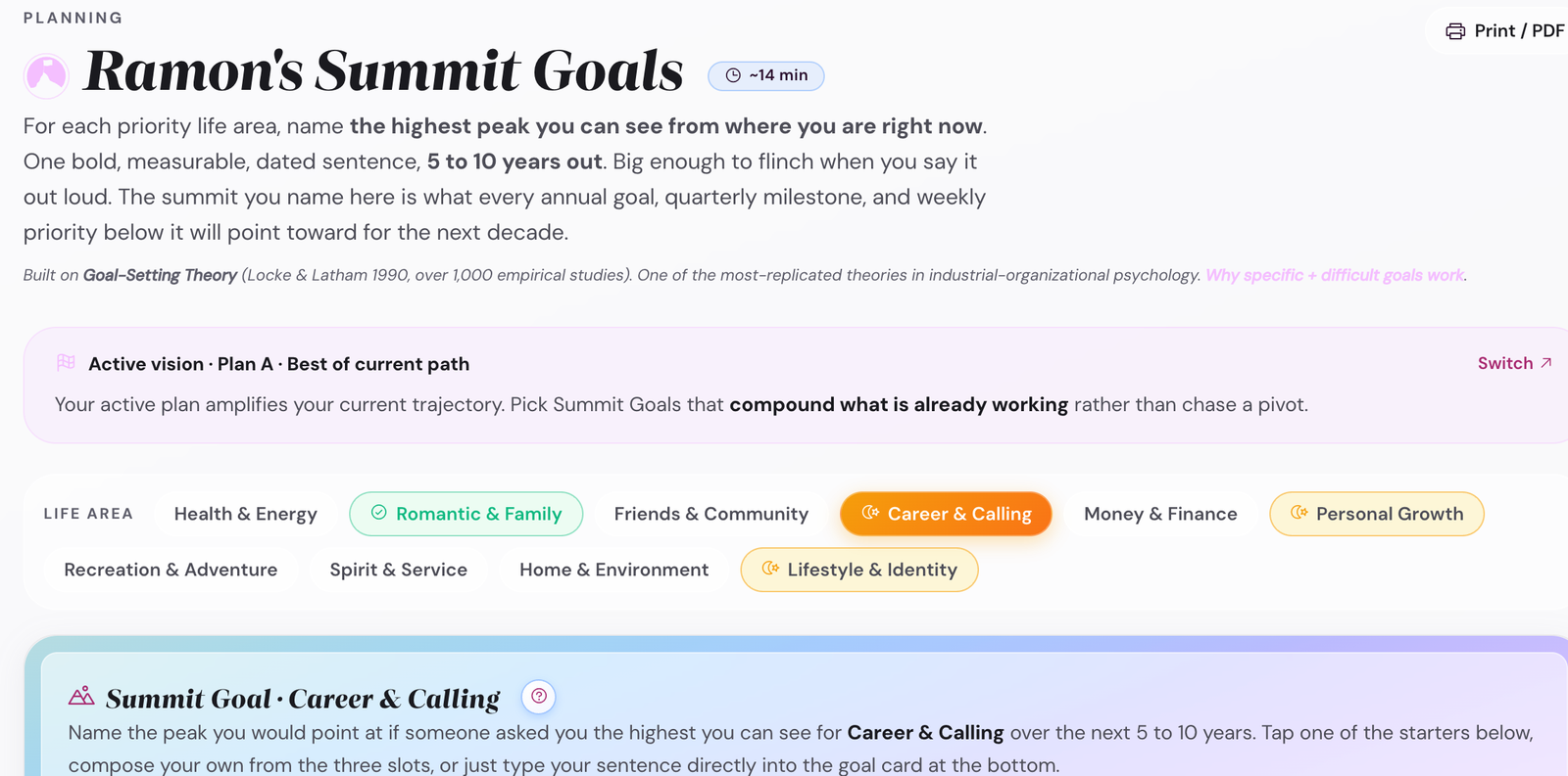 The Summit Goals step showing dated outcome goals per focus area