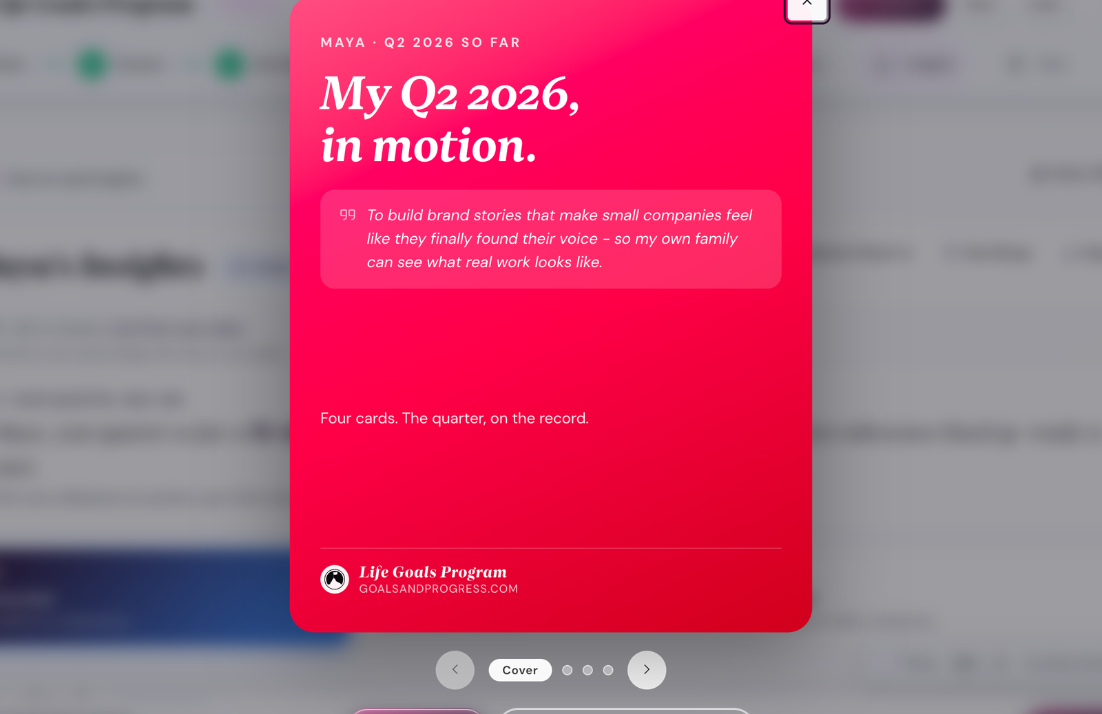 The Quarter Check-in modal with 4-card recap layout