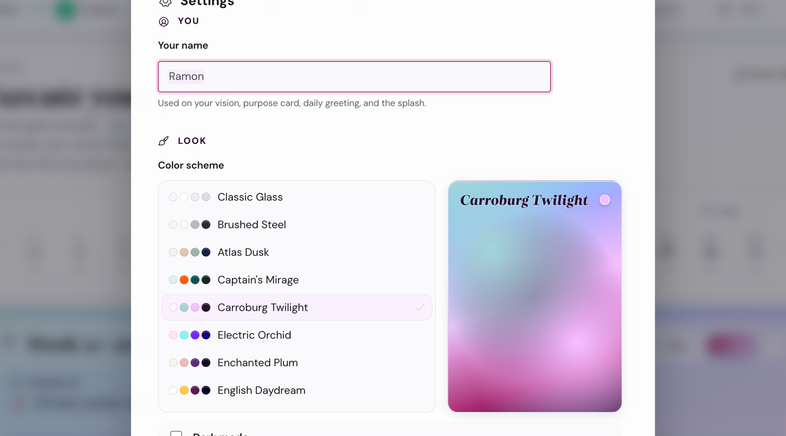 The Settings modal with the theme picker showing palette swatches