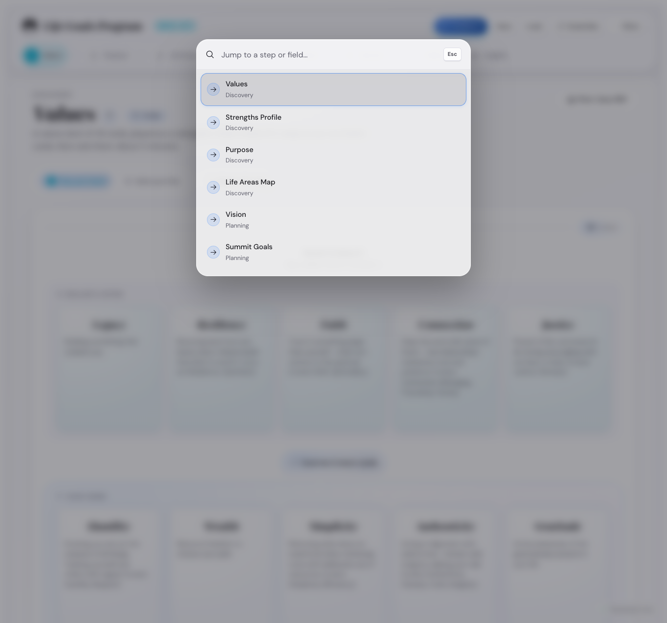The command palette overlay with a search input and a list of jumpable steps