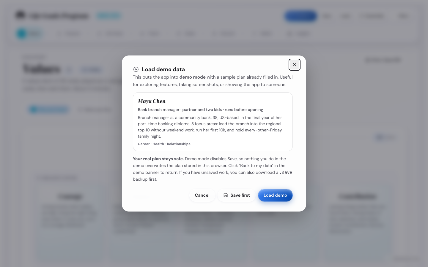 The Load demo data confirmation modal with Save first and Load demo buttons