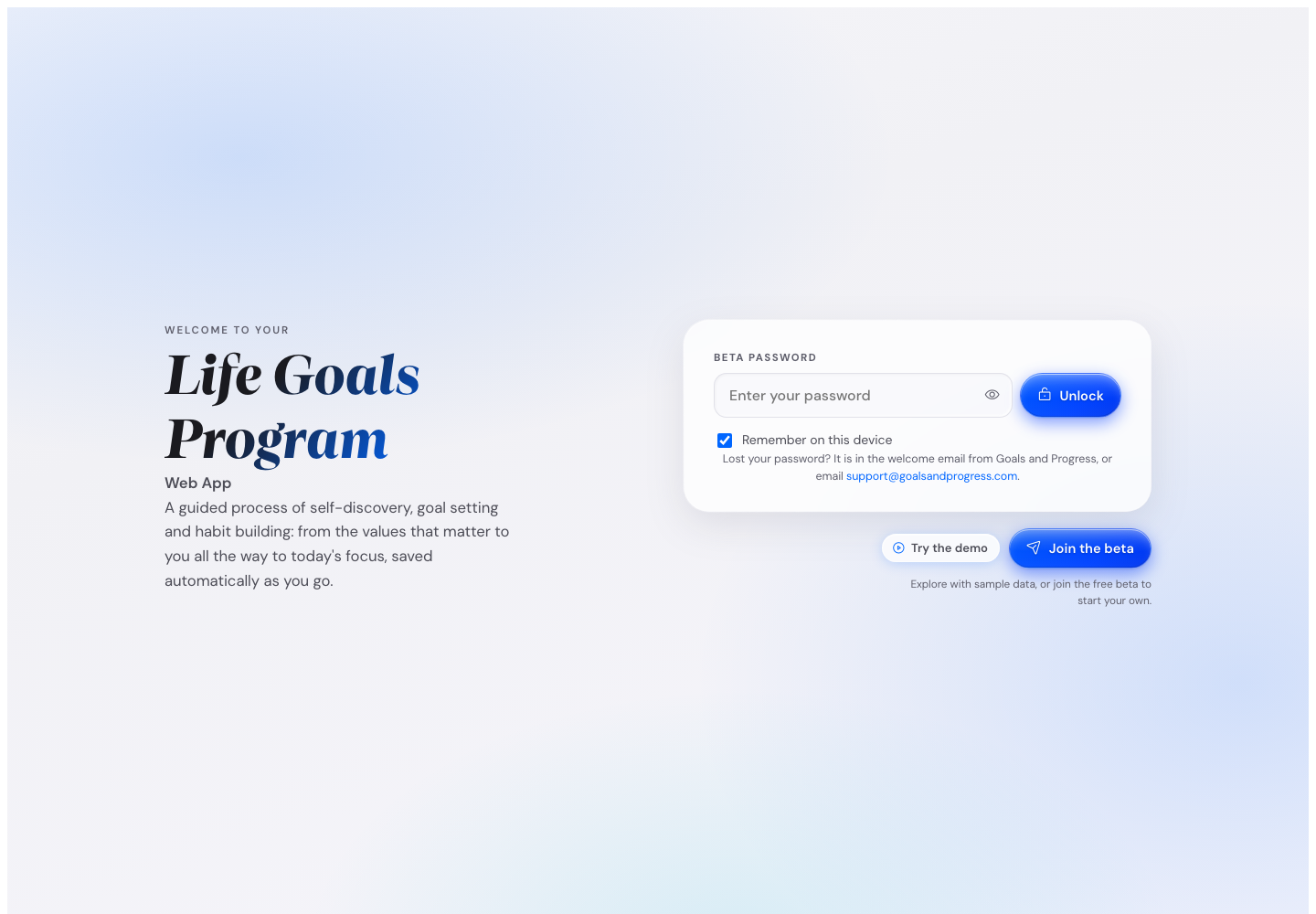 The unlock screen showing a password field on the right, a Try the demo button below it, and the Life Goals Program brand on the left.