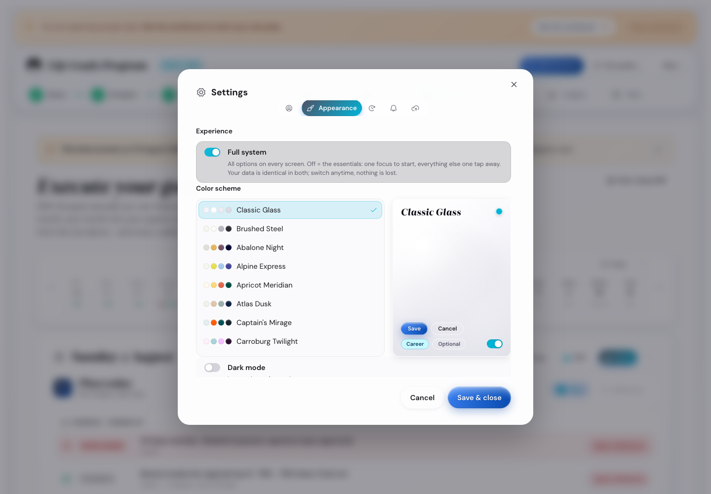 The Settings modal showing the Color scheme list with Carroburg Twilight selected, and a preview tile on the right with the Carroburg Twilight gradient. A Dark mode checkbox sits below the list.