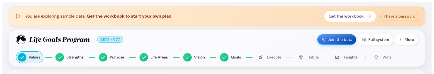 The orange demo banner sitting above the topbar, reading You are exploring sample data, with a Get the workbook button and an I have a password link.