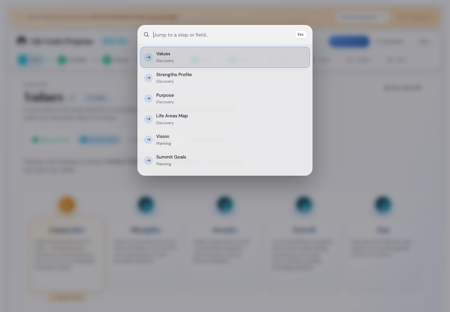 A floating command palette modal with a search box at the top reading Jump to a step or field, and below it a list of jump targets: Values (Discovery), Purpose (Discovery), Life Focus Areas (Discovery), Vision (Planning), Summit Goals (Planning), Execute (Execute), with Values highlighted.