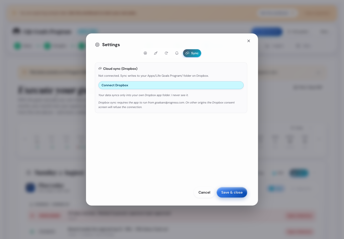 The Settings modal on the Sync tab, showing a Cloud sync (Dropbox) row with a Connect Dropbox button and the disclaimer that data syncs only into your own Dropbox app folder.