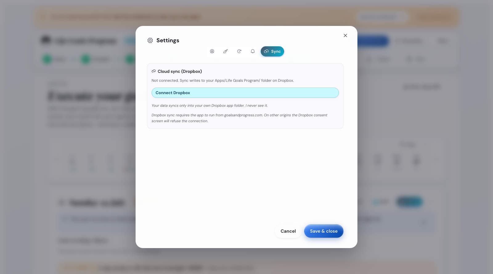 The Dropbox sync card in Settings showing the Connect Dropbox button