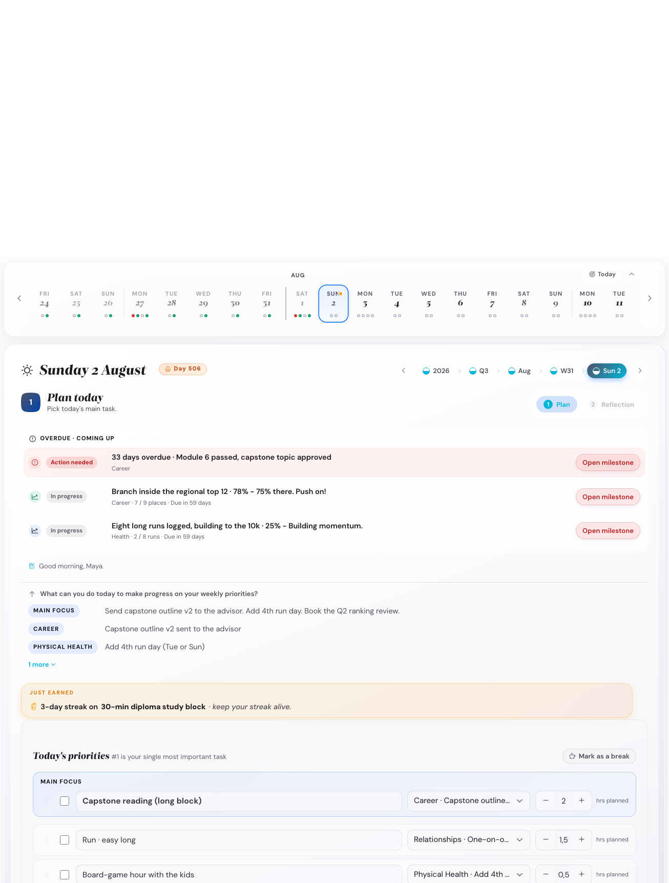 The Execute view week plan panel showing milestones, coming-up items, and a year-overview prompt