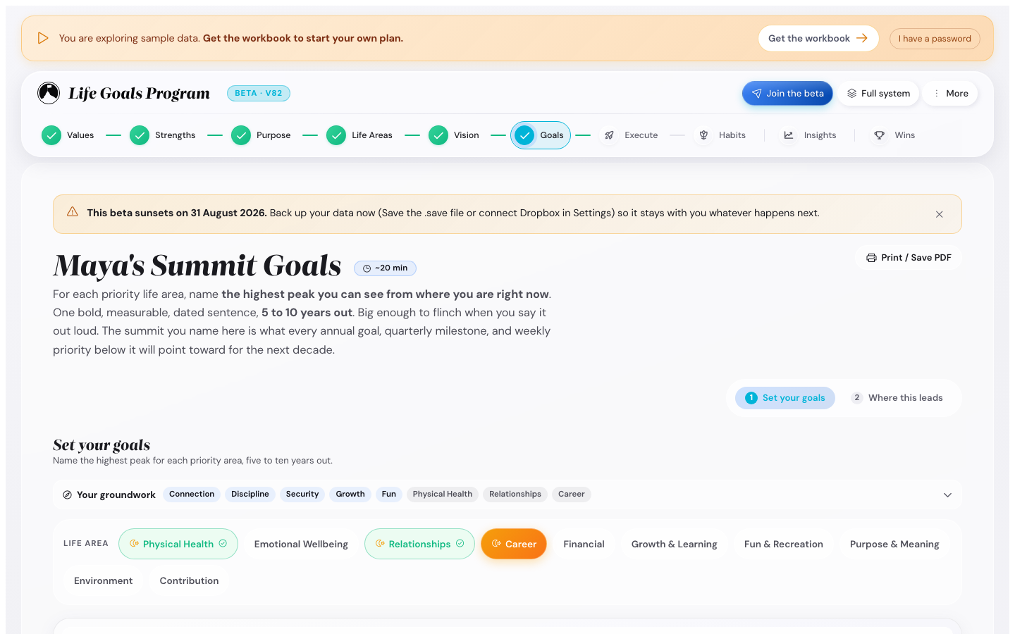 The Summit Goals step showing dated outcome goals