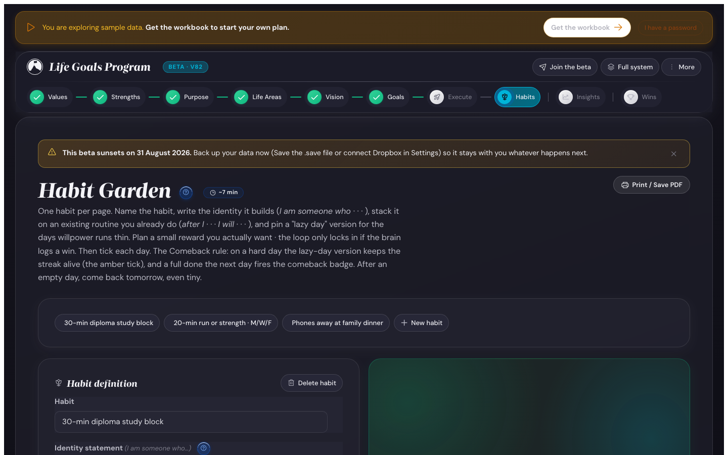 Habit Garden in dark mode