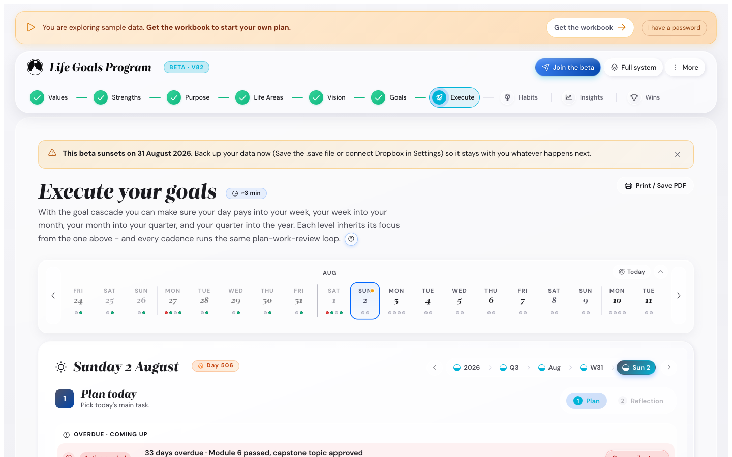 Execute Week view with weekly plan and milestones