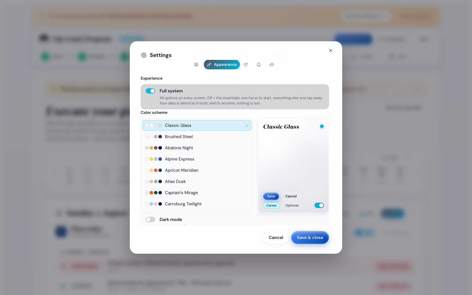 Settings Appearance tab with the 33-palette theme picker