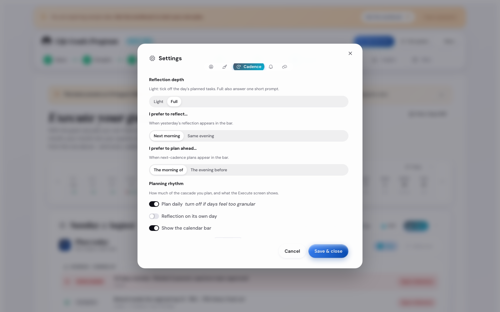 Settings Cadence tab with reflection mode and timing toggles