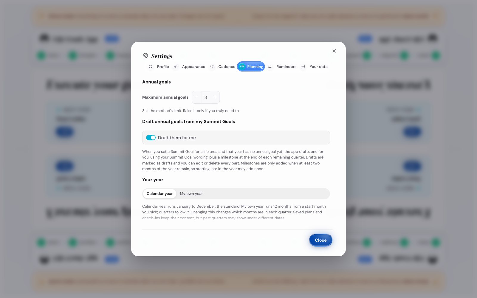 The Planning tab of Settings