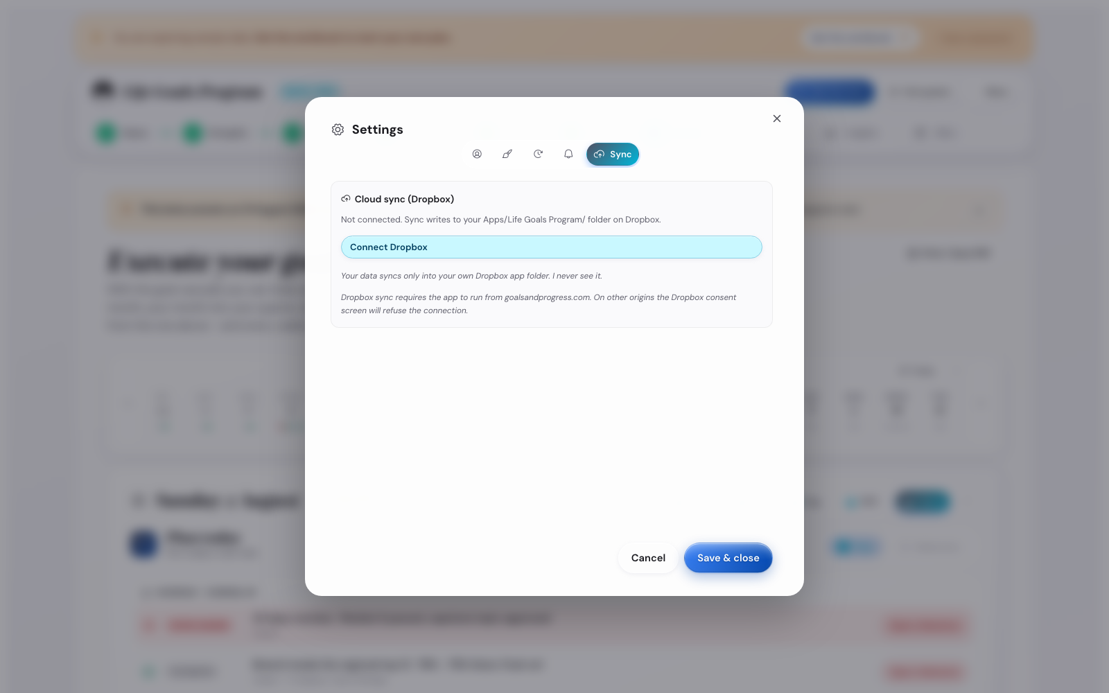 Settings Sync tab with the Dropbox Connect button and sync status