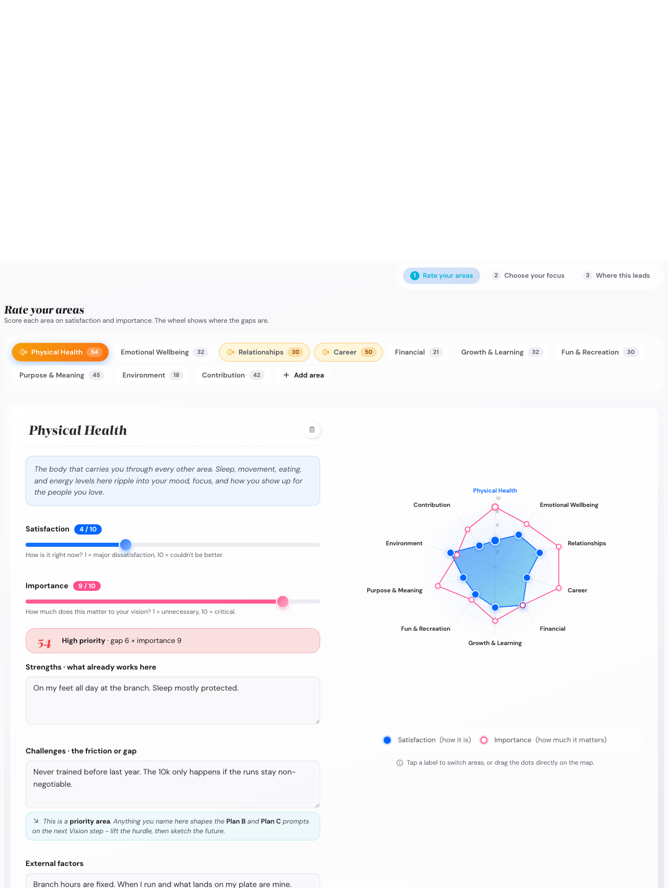 The Life Areas step with sliders for ten candidate areas
