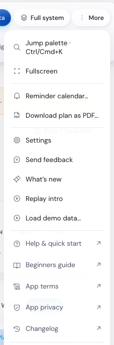 The More menu dropdown from the topbar showing Settings, Load demo data, About, and other actions