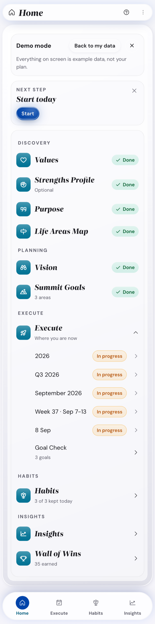 The Home tab on a phone with the next step card and the plan list