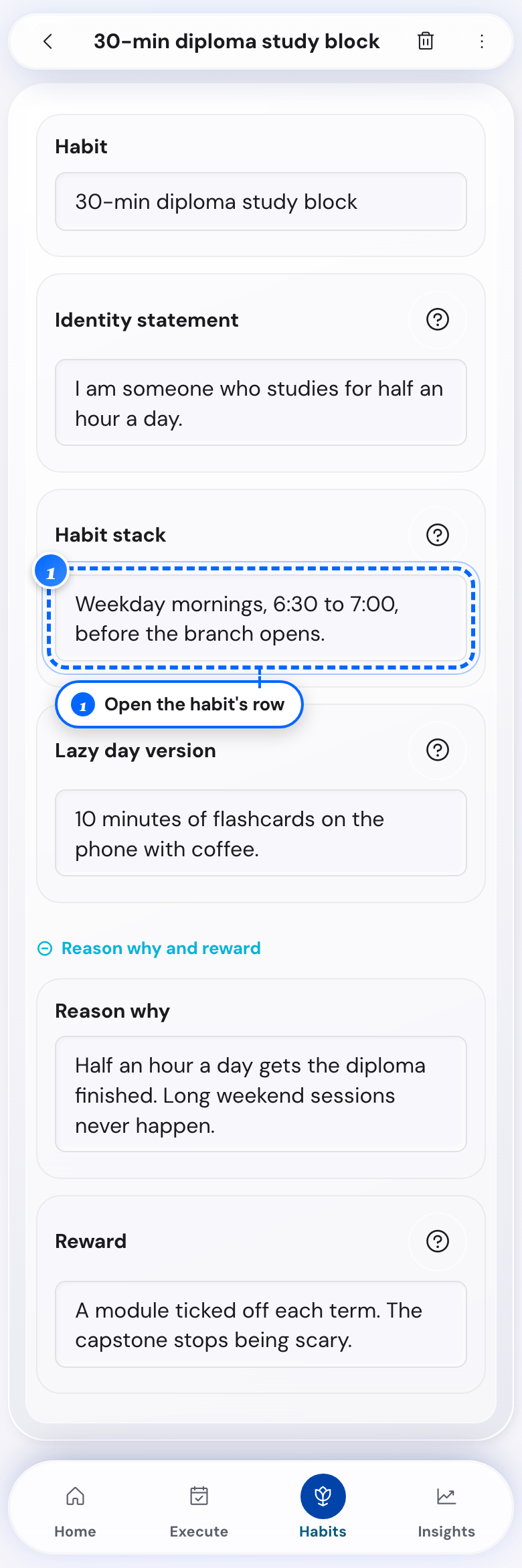 The habit editor on the phone