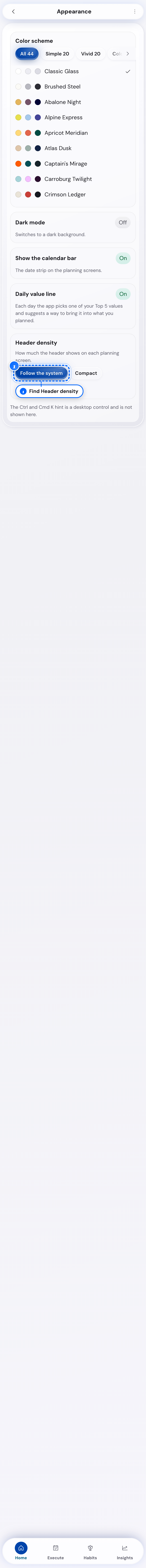 Header density on the phone