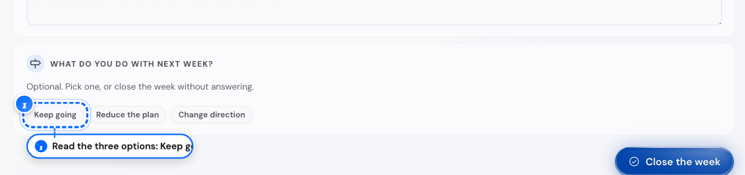 The three options at the end of the week review on a computer