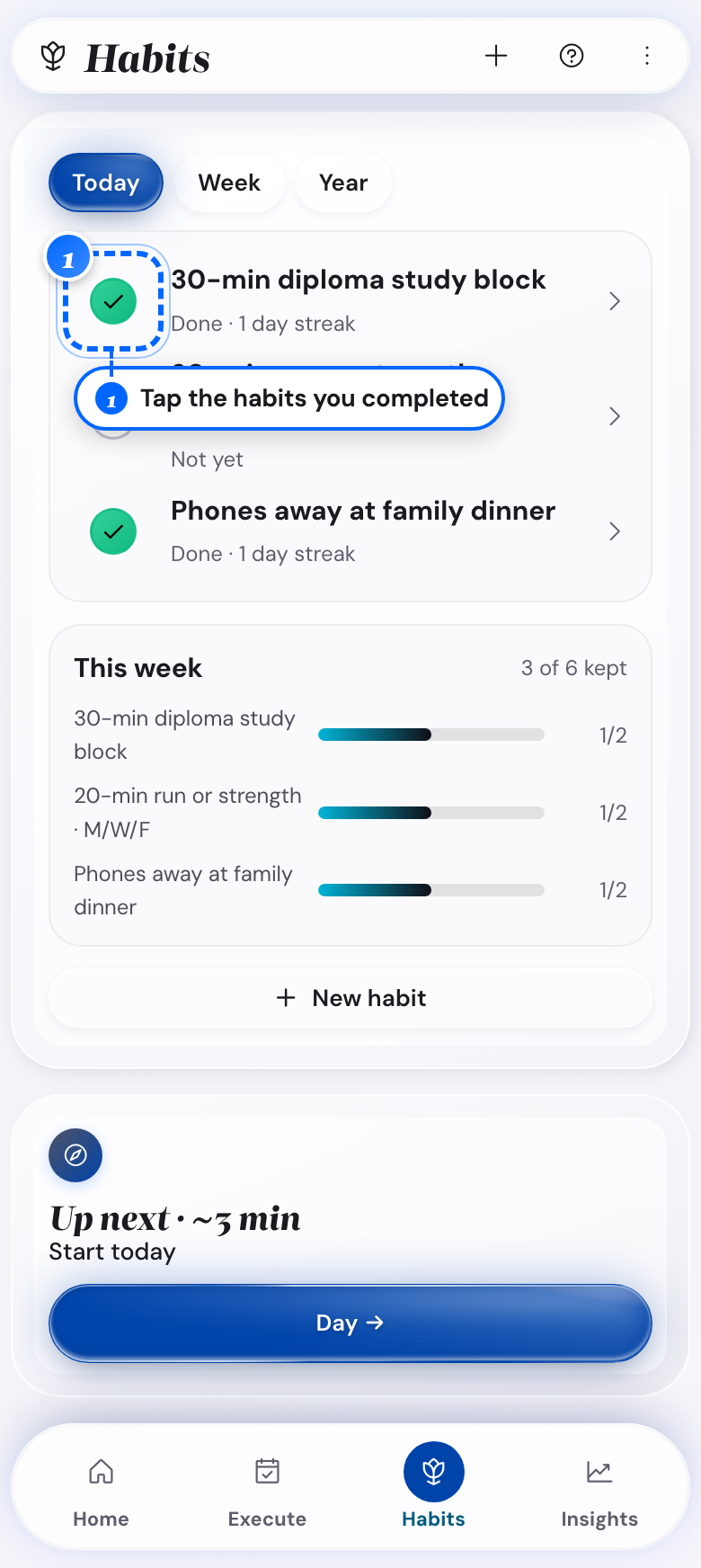 The habit rows for today on a phone