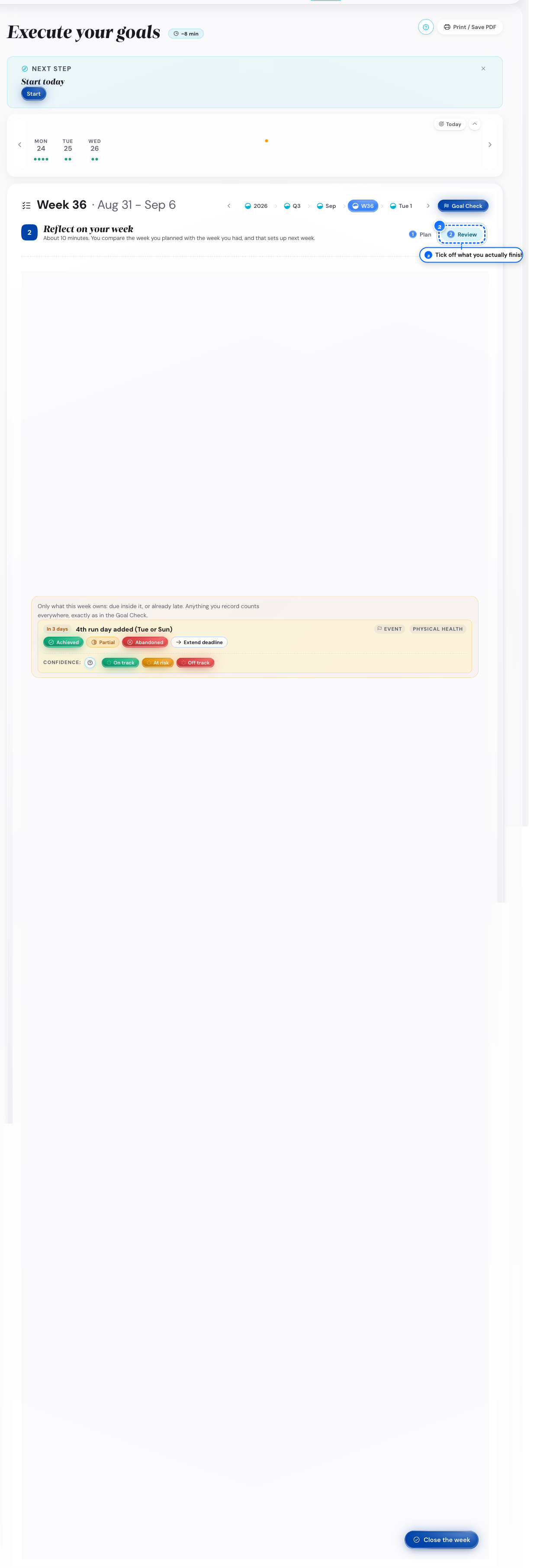 The week review with its tick lists on a computer