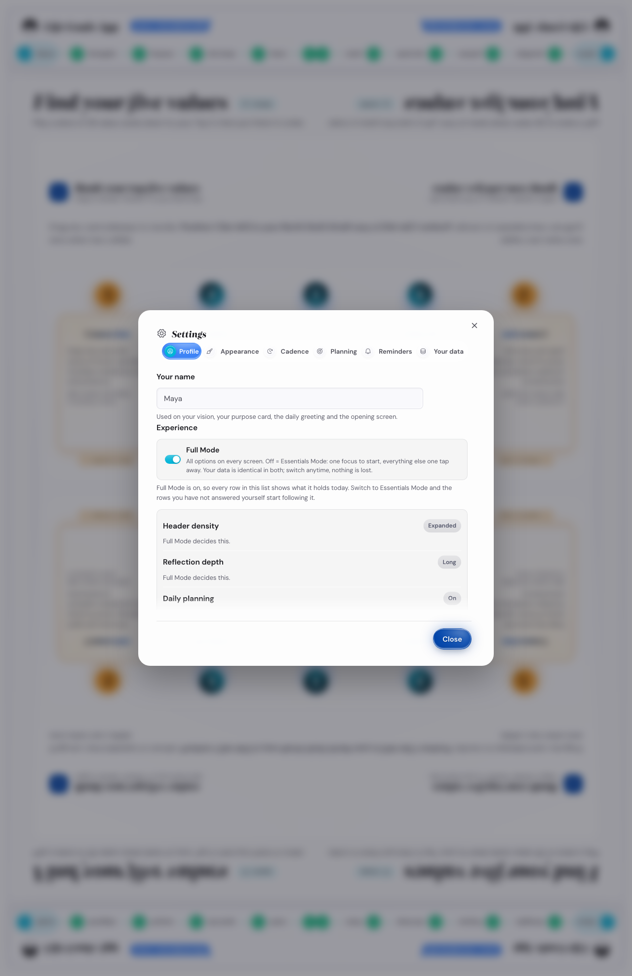 The settings window on a computer