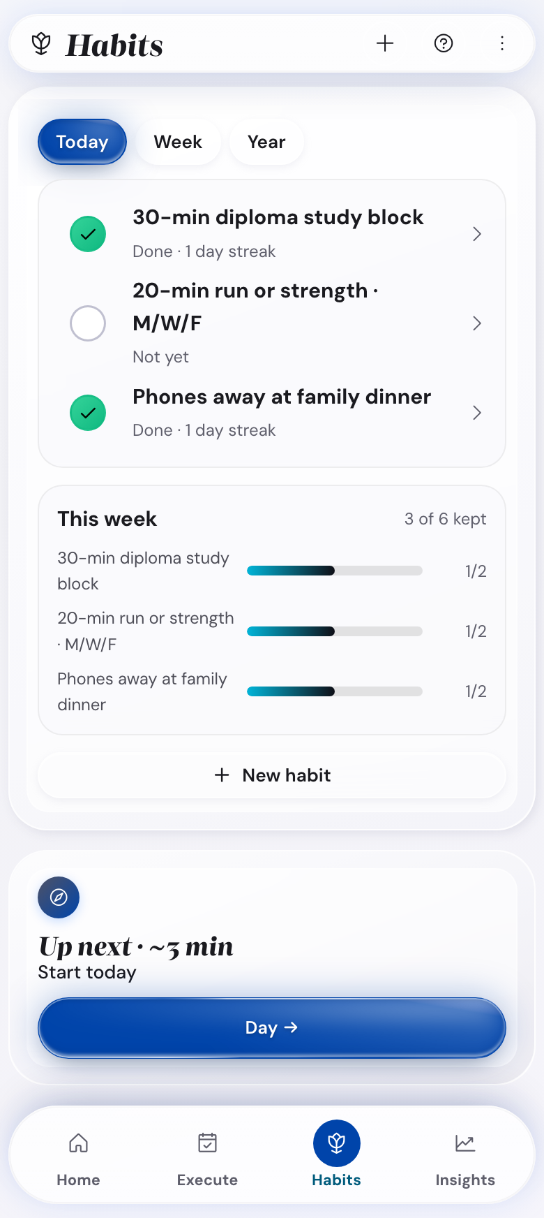 The bottom bar on a phone with the Habits tab