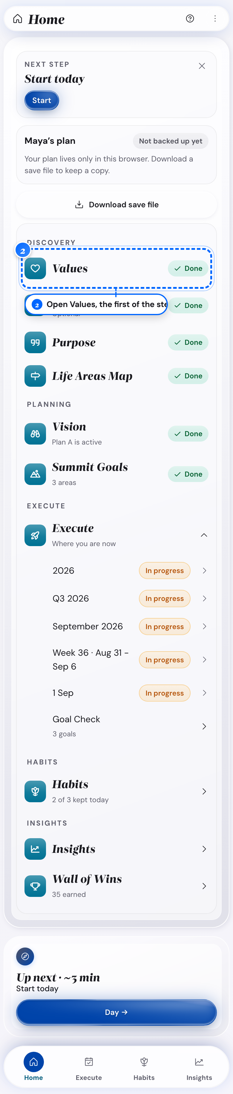 The Home list on a phone with Values at the start