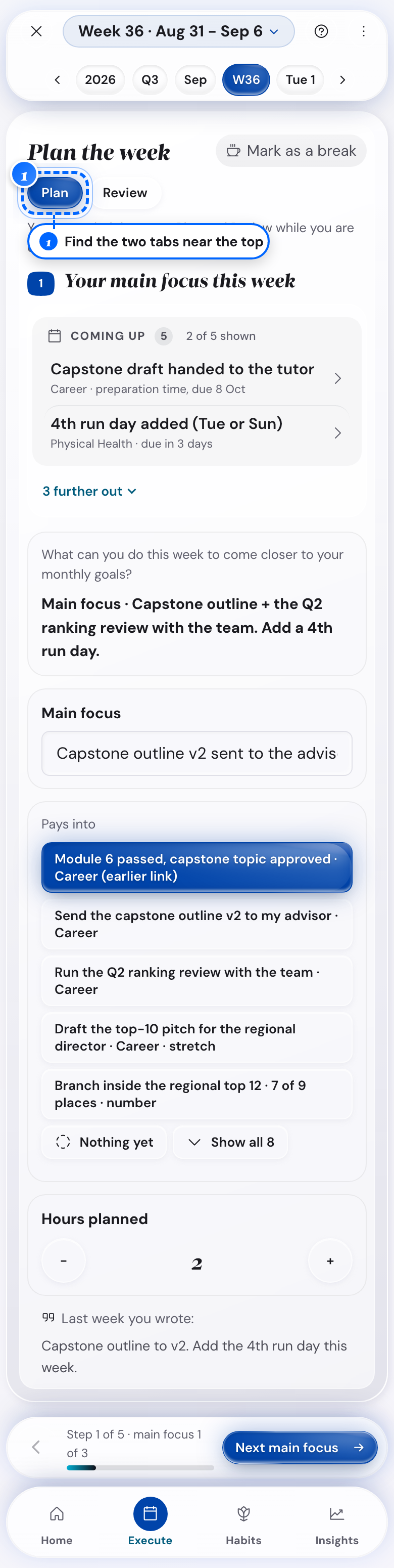 The Plan and Review tabs on a phone