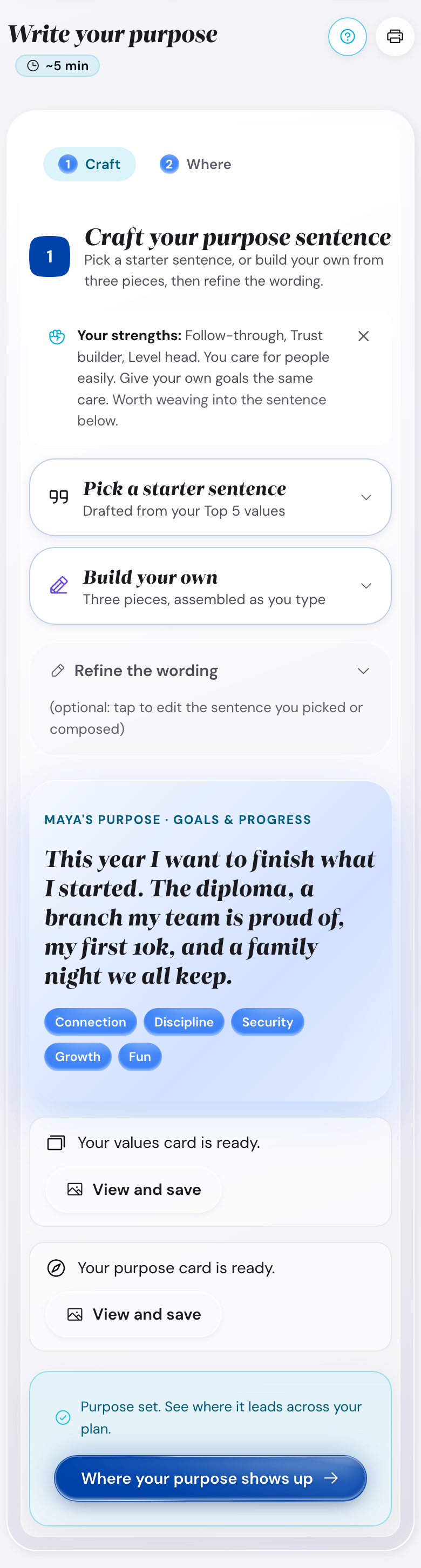 The Craft your purpose tab on a phone