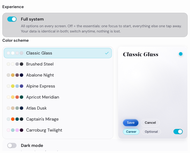 The Settings modal with the theme picker showing palette swatches