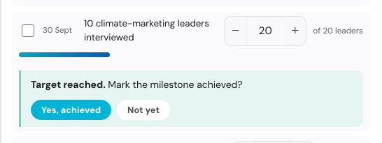 A milestone at 20 of 20 asking: Target reached. Mark the milestone achieved?